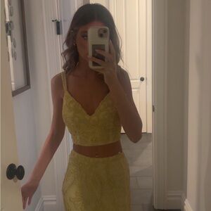 Yellow Lace Two-Piece Crop Top and Skirt Set